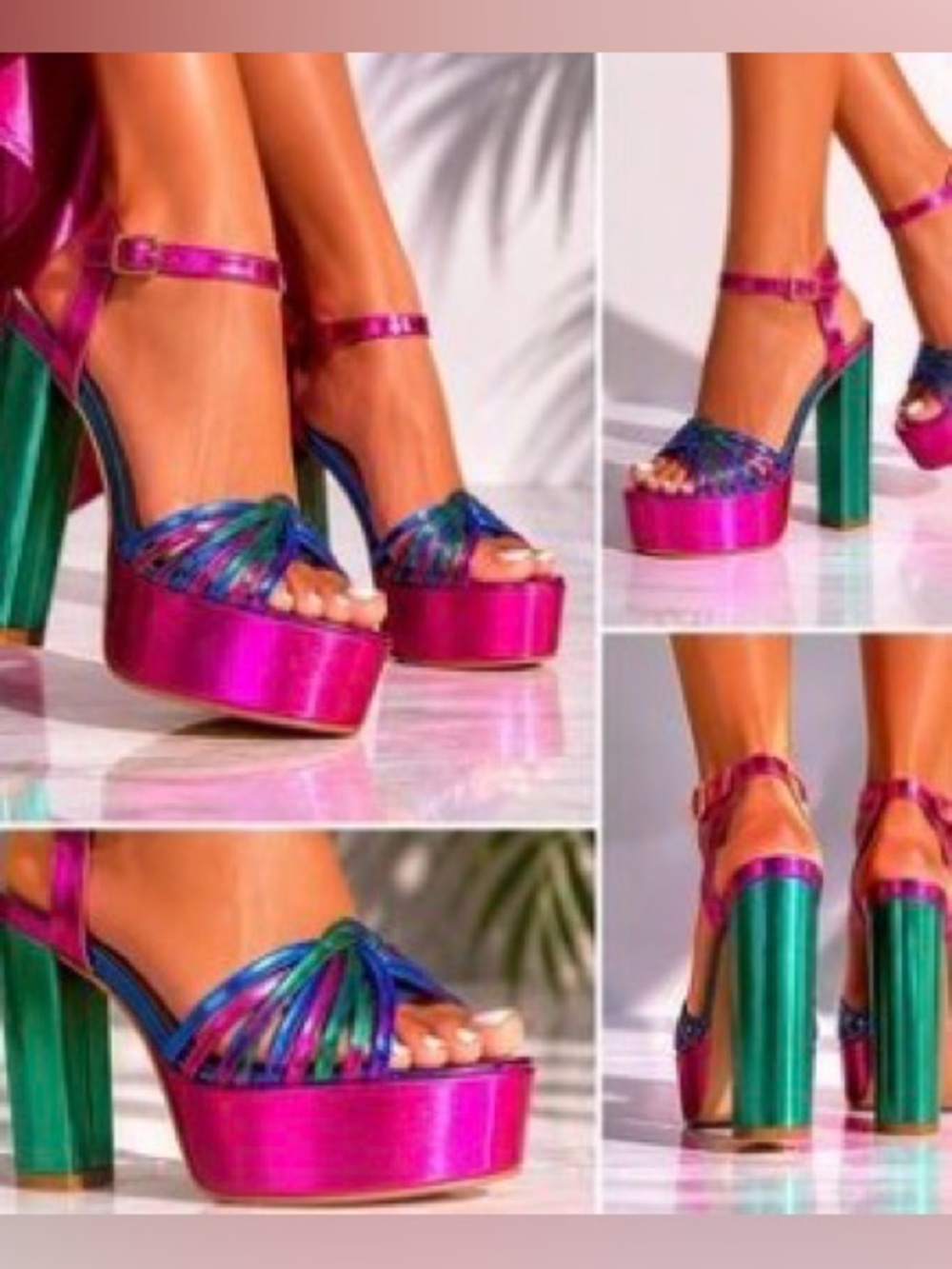 Azalea Wang Aria Multi Metallic Platform Heels Size 8 Pink Green Blue